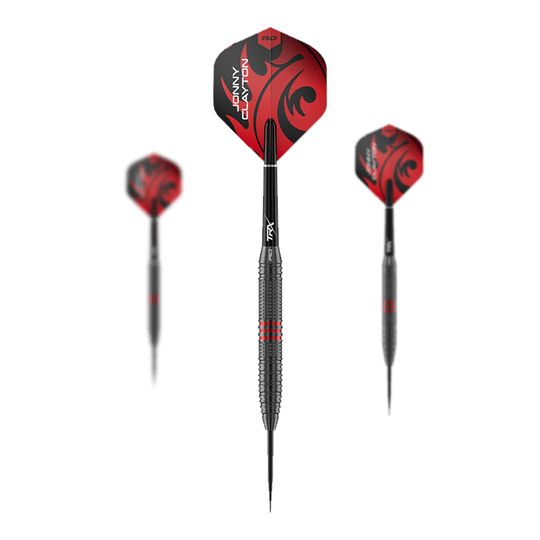 Das Bild zeigt ein Set der Red Dragon Jonny Clayton Core Brass Steeldarts mit 21g Gewicht. Es sind drei Darts mit goldener Griffzone und roten Flights dargestellt.