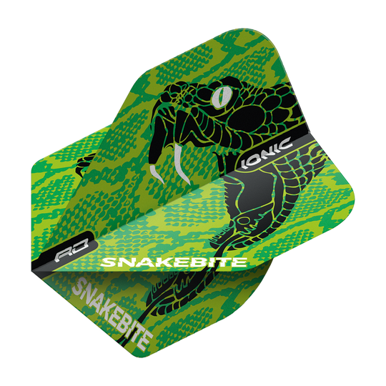 Das Bild zeigt ein Dart Flight mit einer auffälligen grünen Schlangen-Design und den Schriftzügen "SNAKEBITE" und "IONIC". Das Produkt ist der "Red Dragon Hardcore Ionic Snakebite Green Head Standard Flight".
