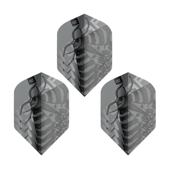 Das Bild zeigt drei Sets Target Pro Ultra Volar No2 Standard Flights. Auf den Flights ist ein grafisches Insektenmotiv in Schwarz-Weiß zu sehen.