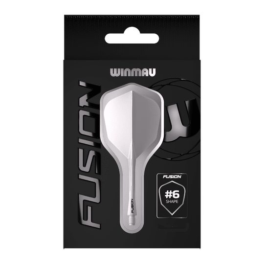 Das Bild zeigt die Verpackung des Produkts "Winmau Fusion Flight-Shaft-System No6 Clear". In der Mitte ist das transparente Flight-Shaft-System im #6-Shape deutlich zu sehen.