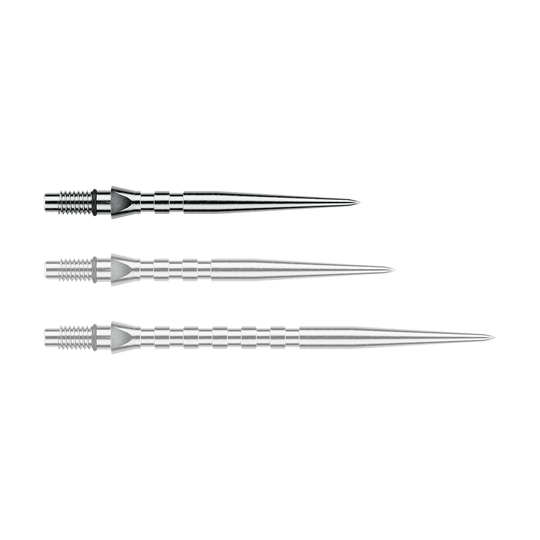 Winmau Switch Point Groove steel dart tips - Silver Effect Abgebildet ist eine einzelne silberne Steeldartspitze mit Rillen, vermutlich vom Typ 'Switch Point Groove Silver Effect' und 26mm. Diese Spitze eignet sich für Steeldarts.