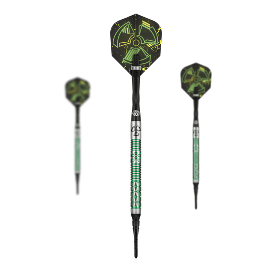 Shot Pro-Series Stowe Buntz 2 soft darts - 21g Das Bild zeigt drei Softdarts des Modells "Shot Pro-Series Stowe Buntz 2" mit einem Gewicht von 21 Gramm. Die Darts haben grüne Akzente und ein auffälliges Flügel-Design mit leuchtenden Symbolen.
