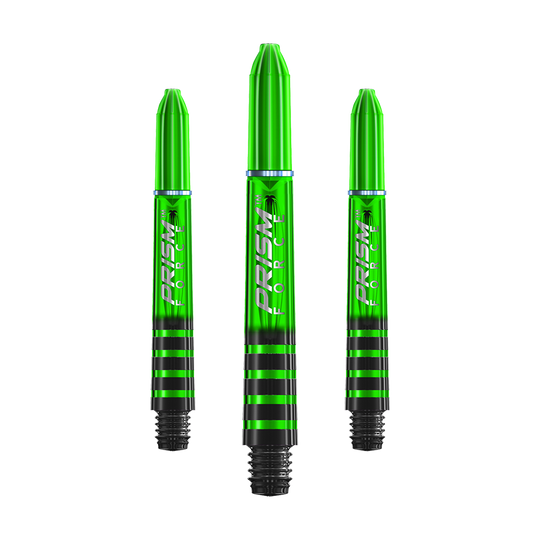 7020-105_Winmau_Prism_Force_Shafts_Gr-n_35mm_1 Auf dem Bild sind drei grüne Dartschäfte mit schwarzen Streifen zu sehen. Auf den Schäften steht der Schriftzug "PRISM FORCE".