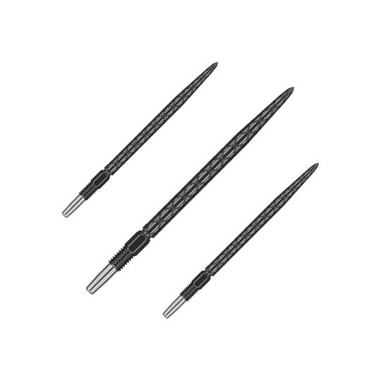 Das Bild zeigt drei schwarze Dartspitzen mit einem diamantförmigen Muster. Sie sind in unterschiedlichen Winkeln angeordnet und haben einen metallischen Befestigungsbereich.