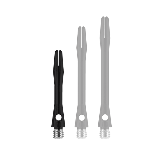 Das Bild zeigt drei Harrows Keramic Shafts in Matt Schwarz, jeweils in unterschiedlicher Länge. Die Schäfte haben ein glänzendes schwarzes Design mit silbernen Gewinden am unteren Ende.