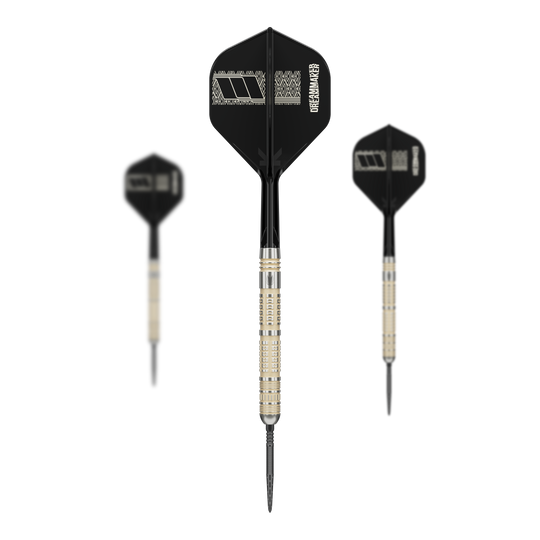 Target Dimitri Van Den Bergh 95K Swiss Point Steel Darts Gezeigt werden die Target Dimitri Van Den Bergh 95K Swiss Point Steeldarts als Set. Auf dem Bild sind mehrere Steeldarts zusammen dargestellt.