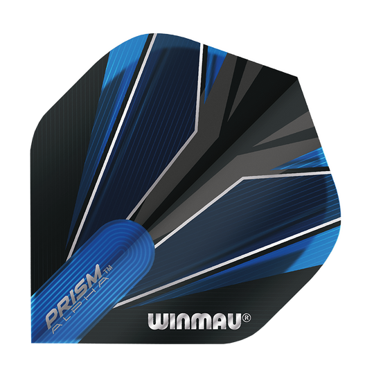 Das Bild zeigt das Produkt "Winmau Prism Alpha Blue Standard 2 Flights". Die Flights sind in einem modernen blauen und schwarzen Design gehalten, mit dem Winmau-Logo darauf.