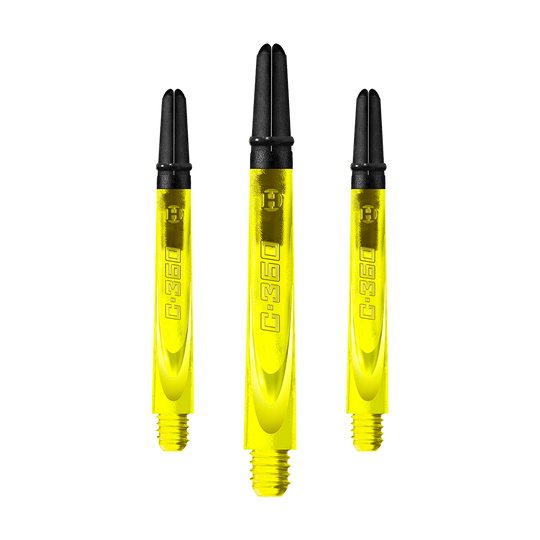 HR451_Harrows_Carbon_360_Shafts_Gelb_49mm_1uxl6ZVXDEAcz2 Auf dem Bild sind drei gelbe Dartschäfte mit schwarzem oberen Ende zu sehen. Auf jedem Schaft steht die Aufschrift "C.360".