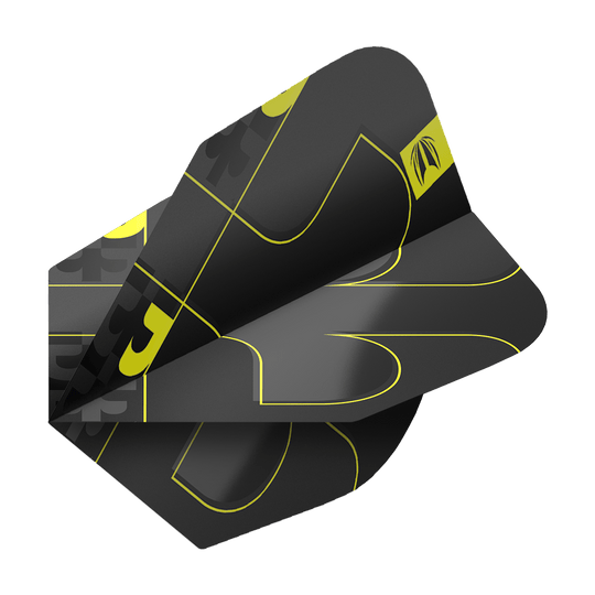 Das Bild zeigt die Target ProUltra Bolide Void No6 Flights in einem modernen Design. Die Flights sind schwarz mit gelben Linien und grafischen Elementen gestaltet.