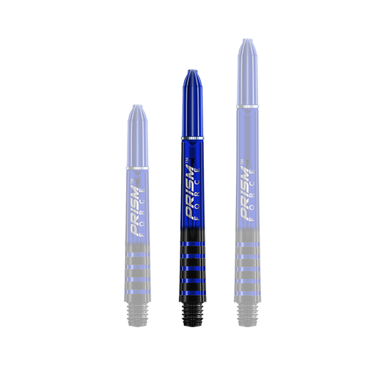 7020-403_Winmau_Prism_Force_Shafts_Blau_41mm_1HdxkOIzlYxdMW Das Bild zeigt drei blaue Winmau Prism Force Shafts in unterschiedlichen Längen. Die Shafts haben schwarze Ringe und die Aufschrift "Prism Force".