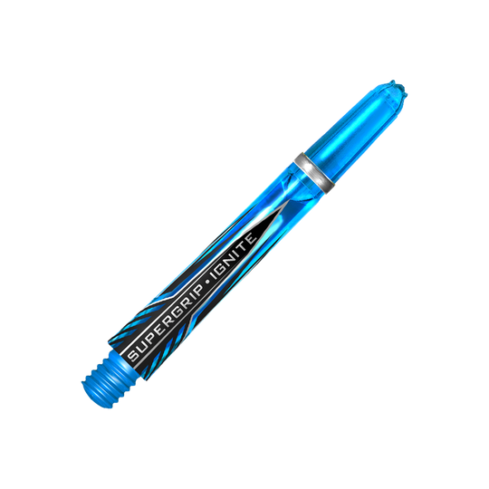 Dies ist ein Harrows Supergrip Ignite Shaft in der Farbe Aqua. Der Schaft ist transparent blau und hat ein modernes, auffälliges Design.