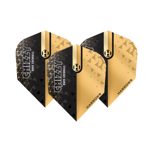 Harrows Prime Dave Chisnall Chizzy 2 No6 Flights Das Bild zeigt die Harrows Prime Dave Chisnall Chizzy 2 No6 Flights. Die Flights sind in Schwarz und Gold gestaltet und tragen die Aufschrift "CHIZZY DAVE CHISNALL" sowie "HARROWS".
