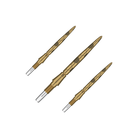 Target Swiss Storm Onyx Point Dart Tips - Gold Auf dem Bild sind drei goldfarbene Dartspitzen mit einem strukturierten Muster zu sehen. Sie haben ein silbernes Schraubgewinde am Ende zum Befestigen an Dartpfeilen.