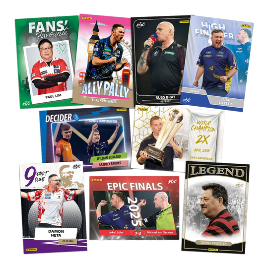 Panini PDC World Championship 2026 Trading Cards - Collectors Box Das Bild zeigt die Panini PDC World Championship 2026 Trading Cards - Collectors Box. Es handelt sich um Sammelkarten zur Dart-Weltmeisterschaft.