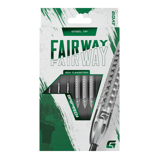 GOAT Fairway V2 Tungsten Steel Darts Die Abbildung zeigt die Verpackung der GOAT Fairway V2 Tungsten Steeldarts. Die Darts bestehen zu 90 % aus Tungsten und haben eine Stahspitze.