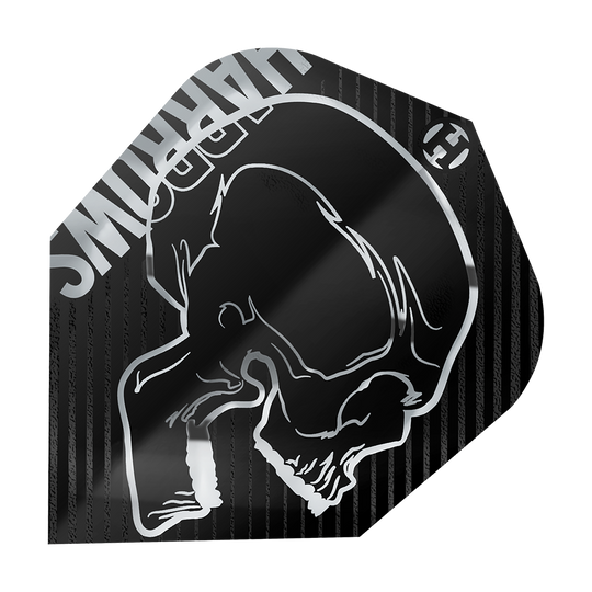 Harrows Rage Silver No6 Flights Das Bild zeigt das Produkt "Harrows Rage Silver No6 Flights". Auf dem Flight ist ein silberner Totenkopf auf schwarzem Hintergrund abgebildet.