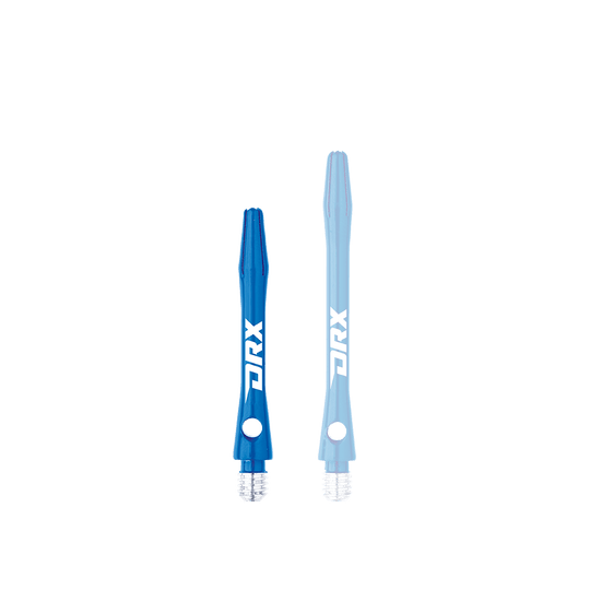 C630_Red_Dragon_DRX_Coated_Aluminium_Shafts_Blau_36mm_1e2R4zLvC979Kg Das Bild zeigt zwei blaue Red Dragon DRX beschichtete Aluminiumschäfte. Auf den Schäften ist deutlich das weiße DRX-Logo zu sehen.