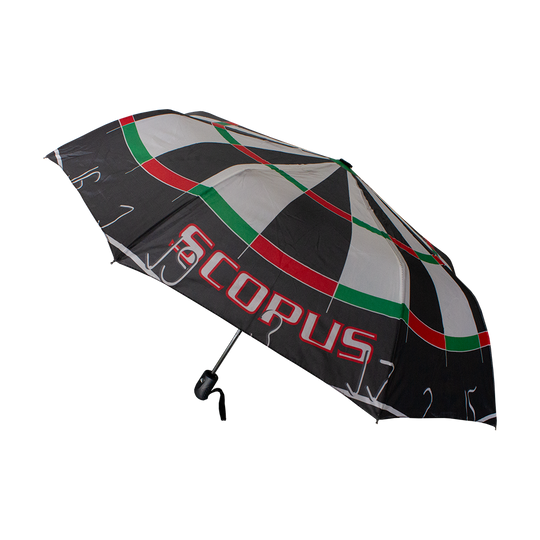 SCHIRM-McDart-Dartboard-Regenschirm-18OyjamhPLMvNN Dieser Regenschirm ist mit einem Dartboard-Muster bedruckt. Auf dem Schirm steht das Wort "SCORUS" in großen roten Buchstaben.