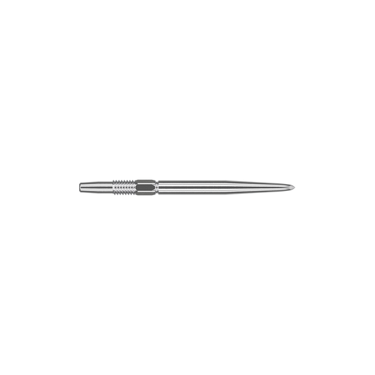 Target Swiss Point Silver dart tips Auf dem Bild ist eine silberne Dartspitze zu sehen. Sie ist schmal, metallisch und hat eine Länge von 26 mm.