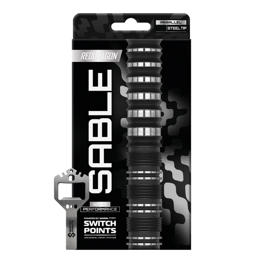 Red Dragon Sable Parallel Switch Point Steel Darts Abgebildet ist ein Satz Red Dragon Sable Parallel Switch Point Steeldarts. Die Darts sind präzise ausbalanciert und ideal für Dartspieler geeignet.