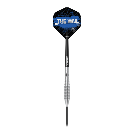 Bulls Martin Schindler TW80 steel darts Das Bild zeigt einen Bull's Martin Schindler TW80 Steeldartpfeil. Auf dem Flight steht in weißer Schrift "THE WALL" vor einem blauen Hintergrund.