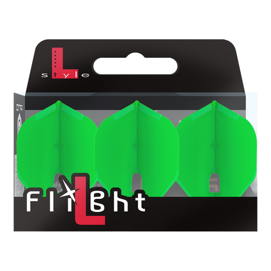 L-Style Champagne L1PRO Flights Die Abbildung zeigt eine Verpackung mit drei grünen Dartflights. Auf der Verpackung steht "L-Style Flight" in weißer und roter Schrift.