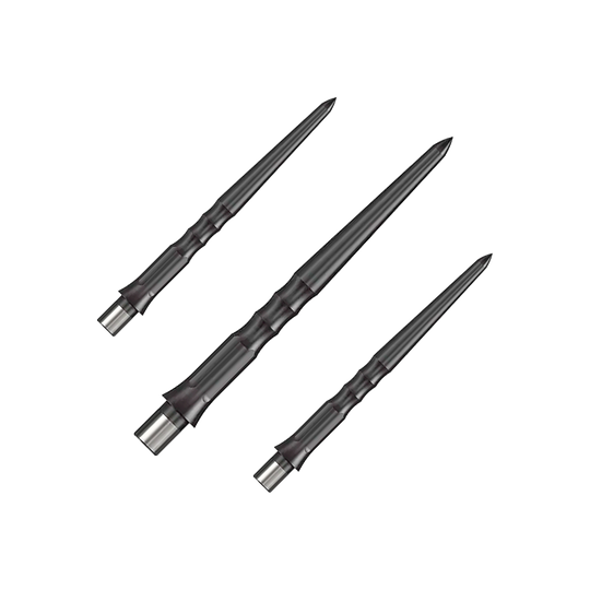 Auf dem Bild sind drei schwarze Stahlspitzen für Dartpfeile zu sehen. Sie haben ein geriffeltes Design und sind 28 mm lang.