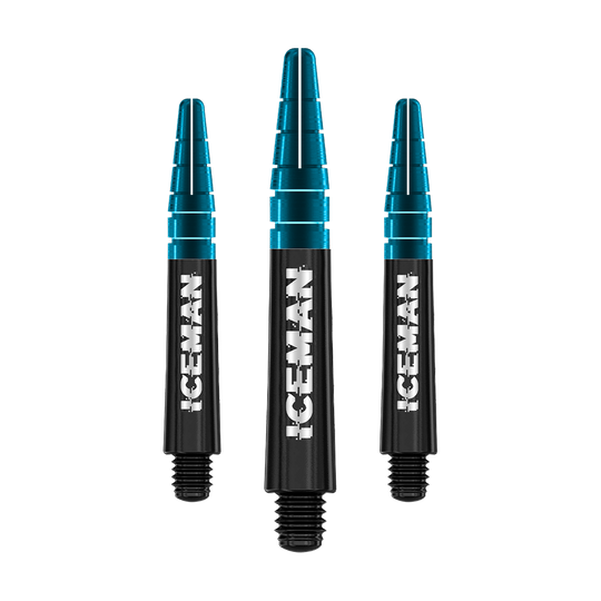 Das Bild zeigt drei schwarze und blaue Dart-Schäfte mit der Aufschrift "ICEMAN". Es handelt sich um das Produkt "Red Dragon Nitrotech Gerwyn Price Black Shafts".
