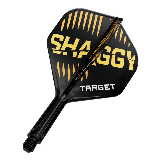 Das Bild zeigt eine schwarze Dartflügel mit gelben und weißen Aufschriften. Auf dem Flügel stehen die Worte "SHAGGY" und "TARGET".