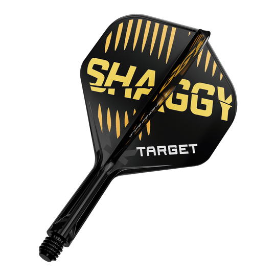 Target K-Flex Scott Williams No2 Standard Flight Shaft System Das Bild zeigt eine schwarze Dartflügel mit gelben und weißen Aufschriften. Auf dem Flügel stehen die Worte "SHAGGY" und "TARGET".