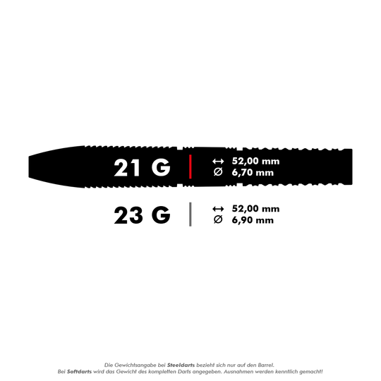 Target Gabriel Clemens GEN2 Swiss Point steel darts Das Bild zeigt die technischen Daten von zwei Steeldarts mit 21 g und 23 g Gewicht. Die Längen und Durchmesser der Darts sind jeweils 52,00 mm x 6,70 mm und 52,00 mm x 6,90 mm.