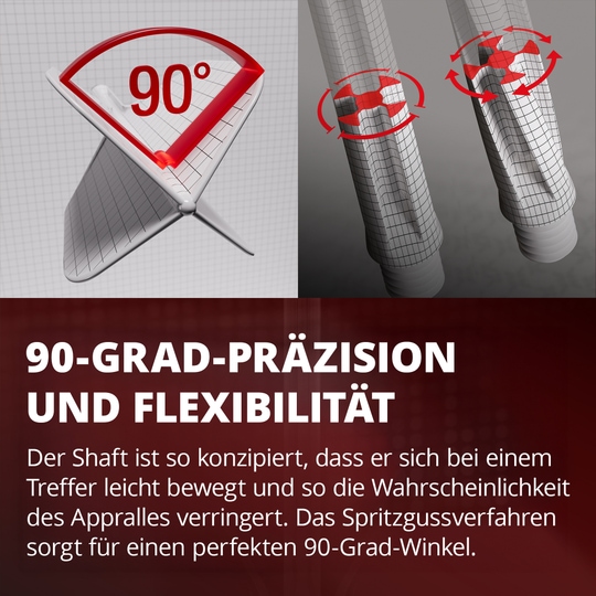 Target K-Flex Gabriel Clemens No2 Standard Flight Shaft System Das Bild zeigt eine Grafik mit einem 90-Grad-Winkel und einer flexiblen Bewegung von zwei Schäften. Darunter steht ein Text, der die Präzision und Flexibilität des Designs beschreibt.