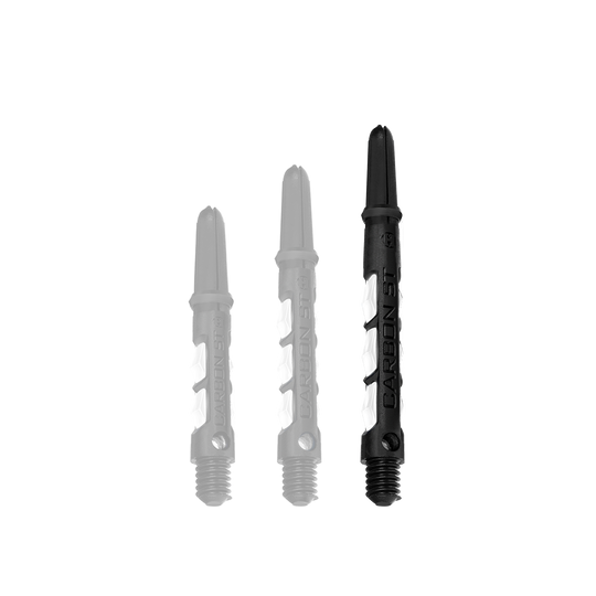 Das Bild zeigt drei Harrows Carbon ST Shafts in der Farbe Weiß. Die Dartschäfte sind in unterschiedlichen Längen abgebildet.