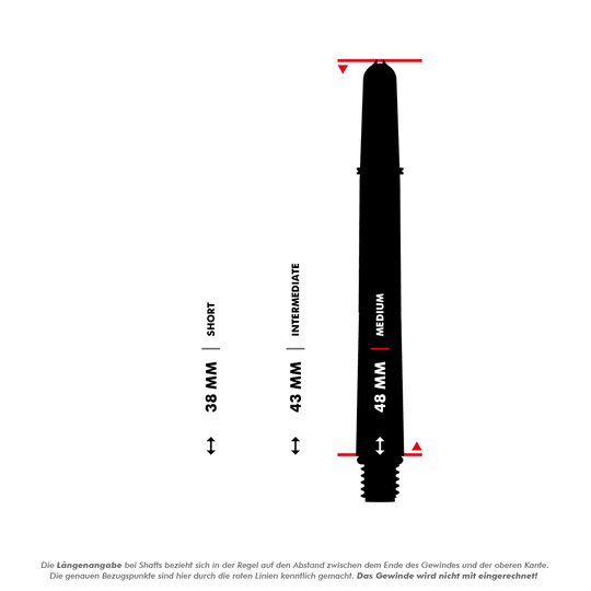 Dieses Bild zeigt drei verschiedene Längen von Dartshafts: 38 mm (Short), 43 mm (Intermediate) und 48 mm (Medium). Die roten Linien markieren die genauen Bezugspunkte zur Längenmessung, wobei das Gewinde nicht mit einberechnet wird.