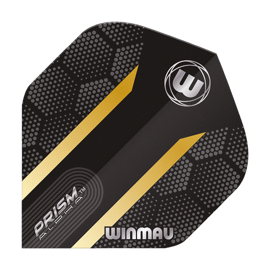 Das Bild zeigt das Produkt "Winmau Prism Alpha Gold Standard Flights". Es ist schwarz mit goldenen Streifen und einem modernen, punktierten Muster gestaltet.