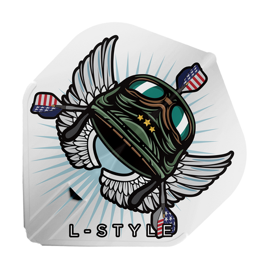 Das Bild zeigt das Produkt "L-Style Leonard Gates V3 White L1EZ Flights". Auf dem Flight ist ein Helm mit Flügeln und amerikanischen Dartpfeilen abgebildet, darunter steht "L-STYLE".