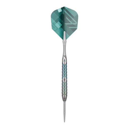 Target Rove 03 Swiss Point steel darts Das Bild zeigt einen Target Rove 03 Swiss Point Steeldart. Der Dart hat ein silbernes Metallgehäuse mit blauen Akzenten und eine grüne Flight.