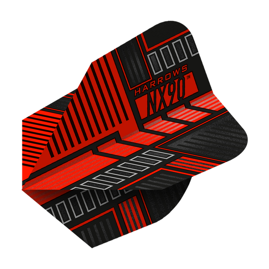 Das Bild zeigt das Produkt "Harrows Prime NX90 Red Flights". Die Flights haben ein modernes Design in Rot, Schwarz und Silber mit auffälligen Linienmustern.
