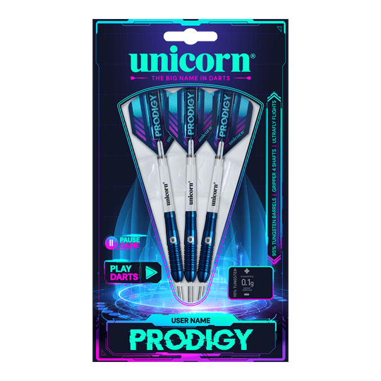 Unicorn Prodigy 02 Torpedo steel darts Das Bild zeigt eine Packung mit drei Unicorn Prodigy 02 Torpedo Steeldarts. Die Verpackung ist farbenfroh gestaltet und hebt das Produkt und den Markennamen hervor.