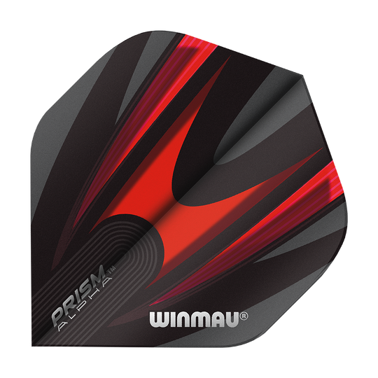 6915-167_Winmau_Prism_Alpha_6915-167_Standard_Flights_18nBaKODMf06sK Dies ist ein Winmau Prism Alpha 6915.167 Standard Flight für Darts. Das Flight hat ein auffälliges Design in Schwarz und Rot mit dem Winmau-Logo darauf.