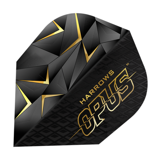 Das Bild zeigt ein Harrows Opus Version 3 Flight für Dartpfeile. Das Flight ist schwarz mit goldenen geometrischen Mustern und dem Schriftzug "Harrows Opus".