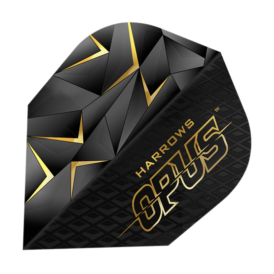 Harrow's Opus Version 3 Flights Das Bild zeigt ein Harrows Opus Version 3 Flight für Dartpfeile. Das Flight ist schwarz mit goldenen geometrischen Mustern und dem Schriftzug "Harrows Opus".