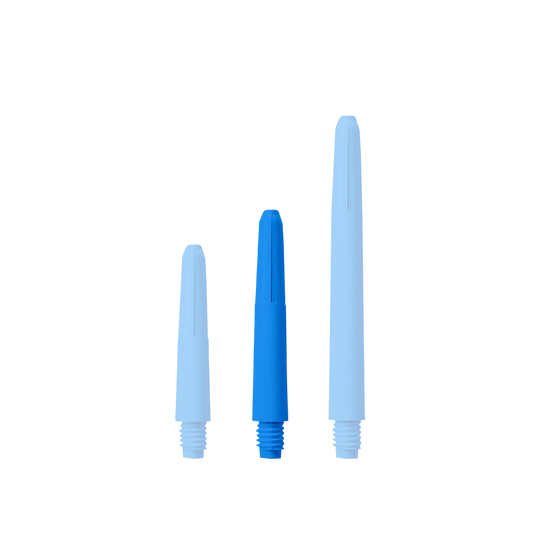 Das Bild zeigt drei blaue Nylon-Schäfte in unterschiedlichen Längen. Sie sind nebeneinander auf weißem Hintergrund angeordnet.