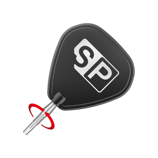 Das Bild zeigt eine Dartspitze mit schwarzem SP-Werkzeug zum Einschrauben. Um die Spitze ist ein roter Pfeil zu sehen, der die Drehbewegung anzeigt.