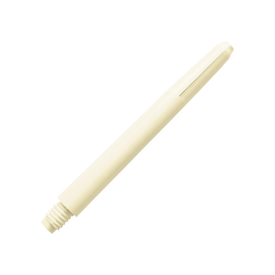 578_Nylon_Shafts_Naturweiss_48mm_2 Das Bild zeigt einen Nylon-Schaft in naturweißer Farbe. Der Schaft hat ein einfaches, schlankes Design mit einem Gewinde am unteren Ende.