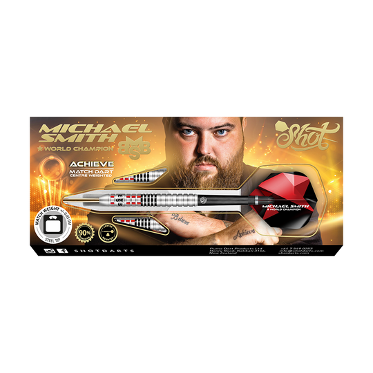 Shot Michael Smith Achieve Steel Darts Auf dem Bild ist eine Verpackung für Steeldarts mit dem Namen „Michael Smith - World Champion“ zu sehen. In der Mitte ist ein Mann mit Bart abgebildet, und ein großer silberner Dartpfeil ist prominent dargestellt.