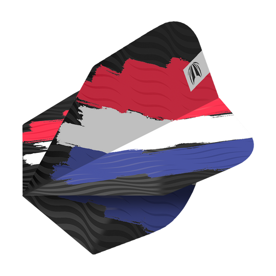 Dies ist ein Dart-Flight mit dem Design der niederländischen Flagge in Rot, Weiß und Blau. Das Modell heißt "Target ProUltra Flag Holland No6 Flights".