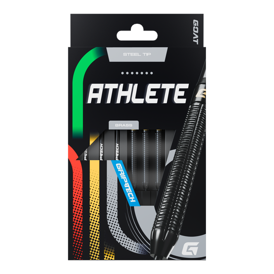 GOAT Athlete Black Brass Steeldarts - 13g Die Abbildung zeigt die Verpackung der GOAT Athlete Black Brass Steeldarts mit einem Gewicht von 13g. Die Darts haben eine schwarze, geriffelte Oberfläche und sind für Präzision und Haltbarkeit ausgelegt.
