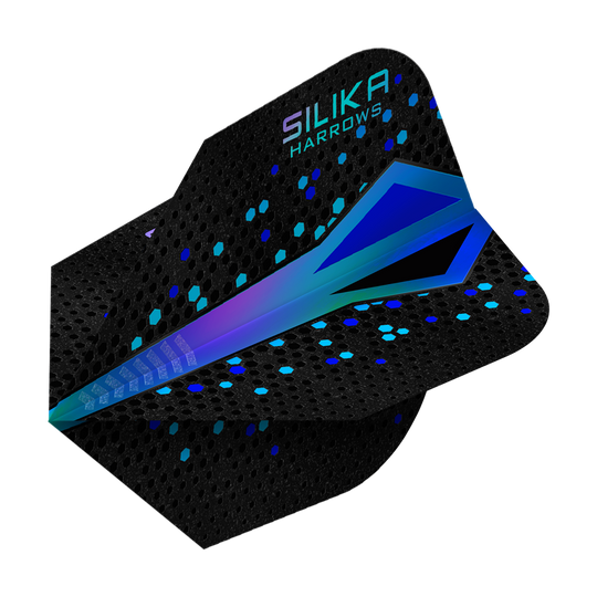 Das Bild zeigt ein Dartflight mit dem Namen "Harrows Silika Colourshift Tough Crystalline Coating Blue No6". Das Flight ist überwiegend schwarz mit einem blauen, schimmernden Muster und sechseckigen Akzenten.