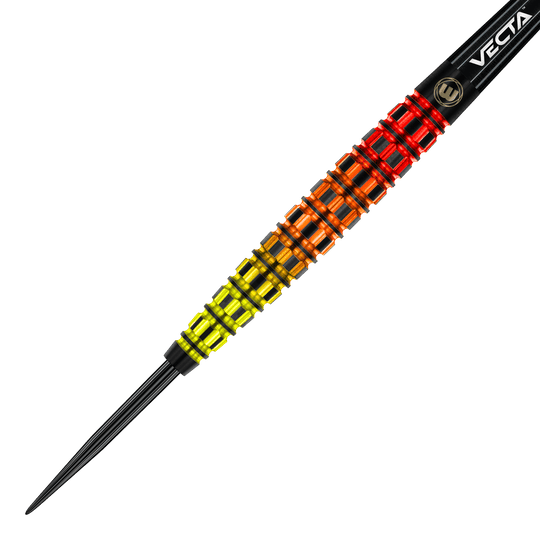 Winmau Firestorm Flame Tapered Steeldarts Das Bild zeigt einen Winmau Firestorm Flame Tapered Steeldart. Der Dart hat ein auffälliges Design mit leuchtenden Farben von Gelb über Orange bis Rot.